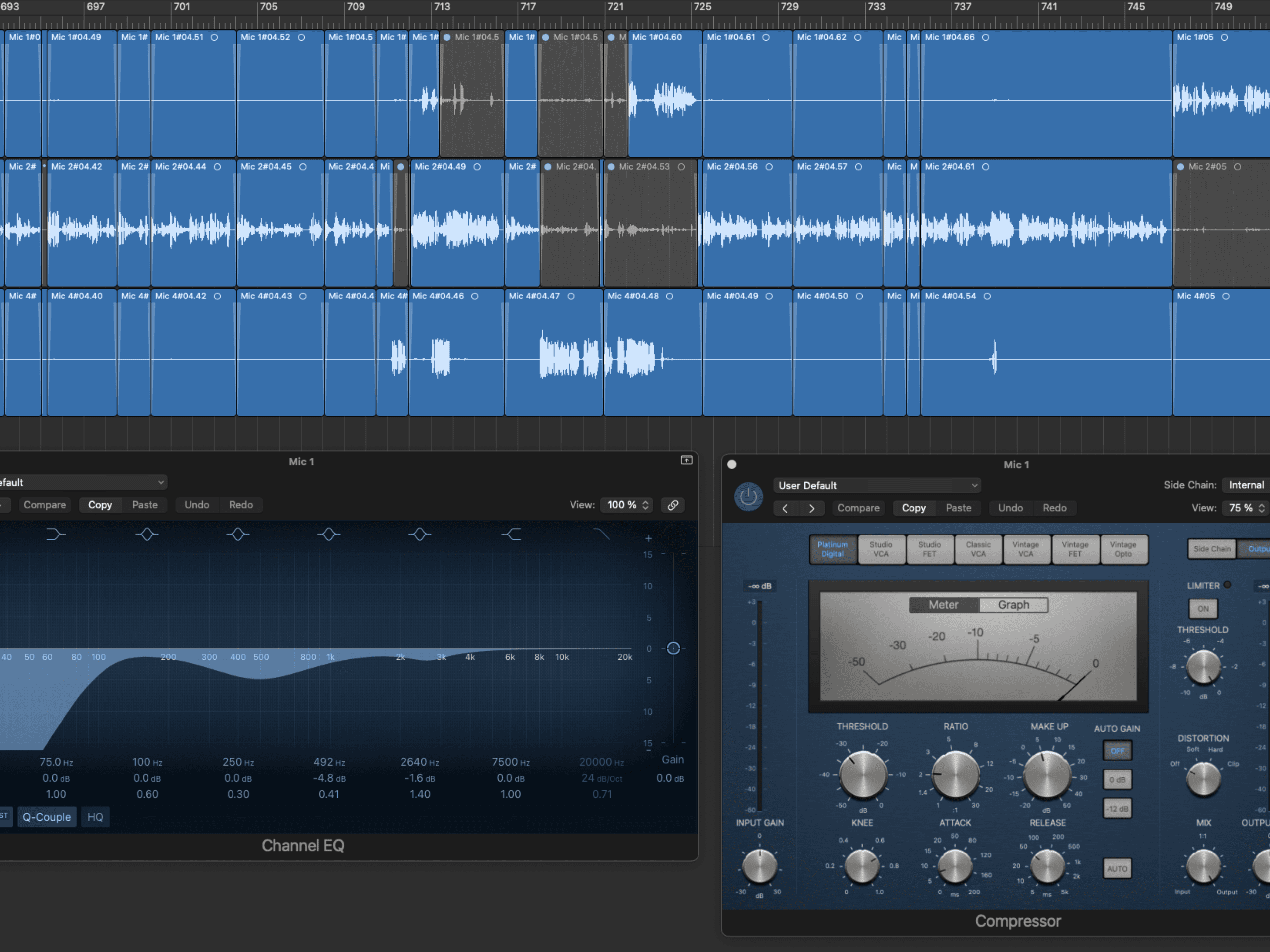 Screenshot af en podcast der er blevet redigieret og klippet i Logic Pro